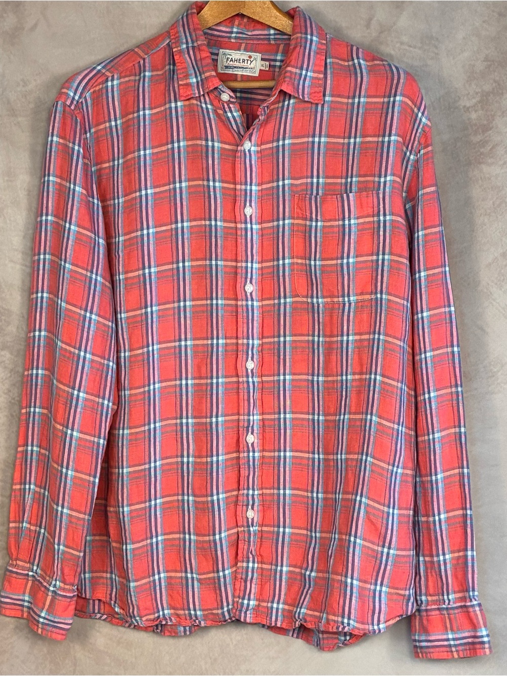 Faherty Men’s XL Coral Plaid Linen Blend Long Sleeve Button Down Shirt